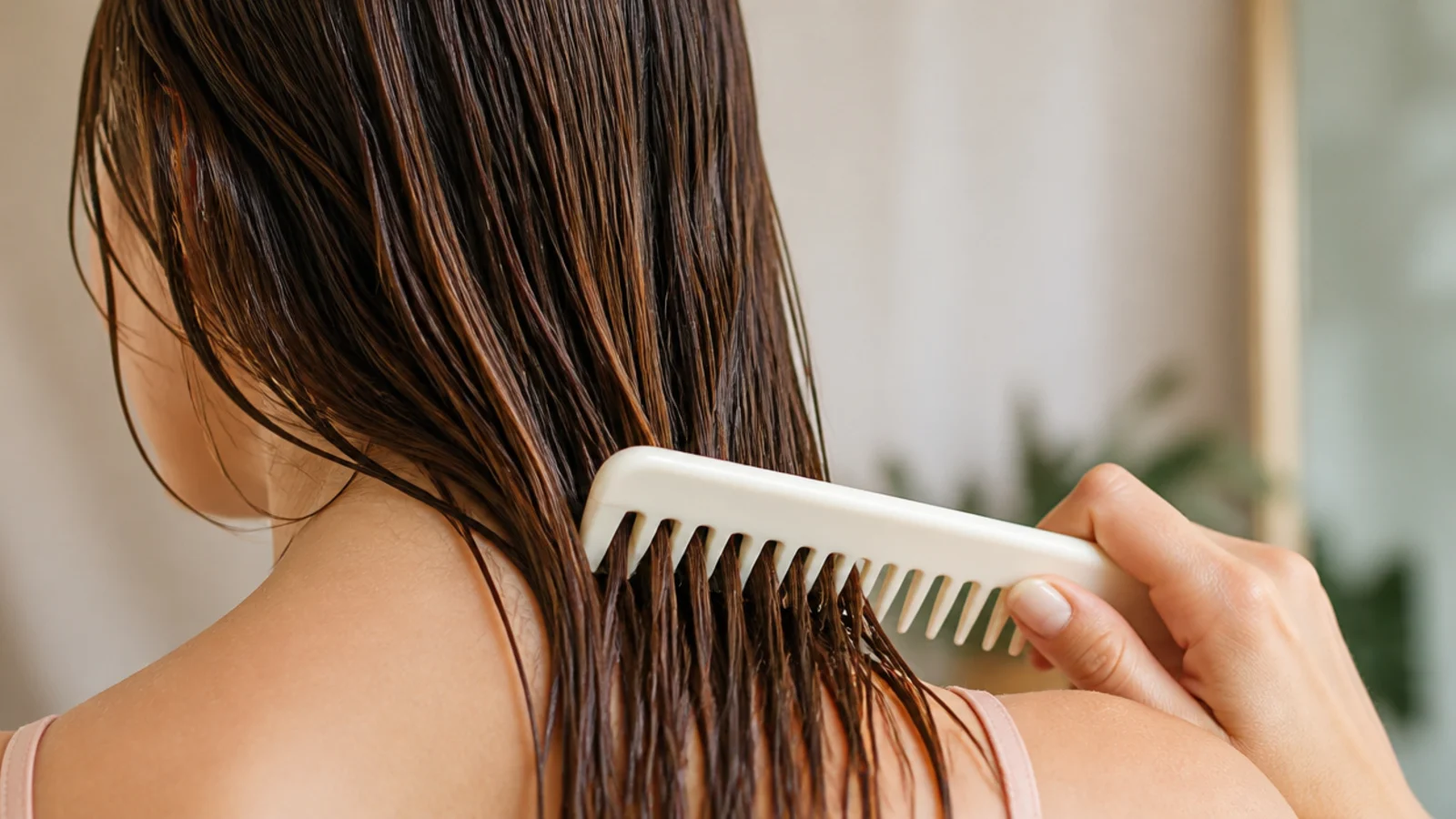 Wide-tooth comb detangling the bottom two inches of damp hair before working upward
