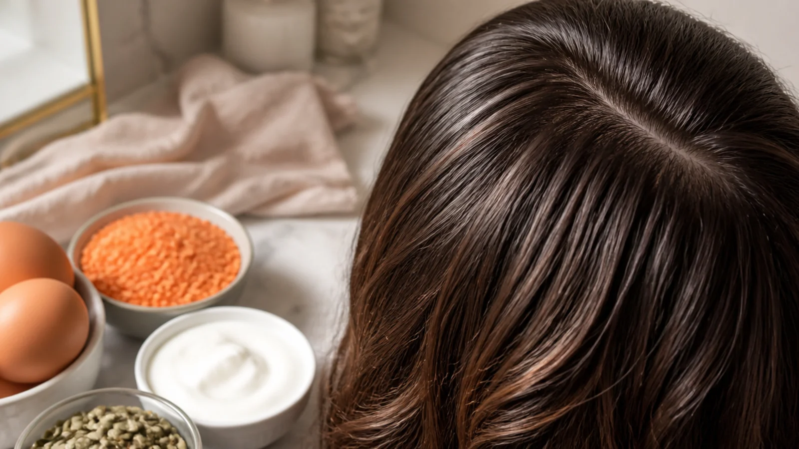 Eggs salmon lentils Greek yogurt and pumpkin seeds arranged as protein foods for hair growth