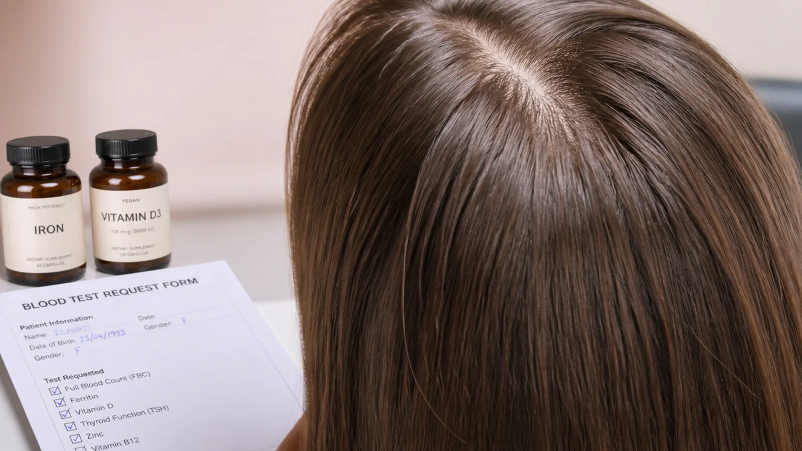 Blood test request form beside iron and vitamin D supplement bottles for hair shedding