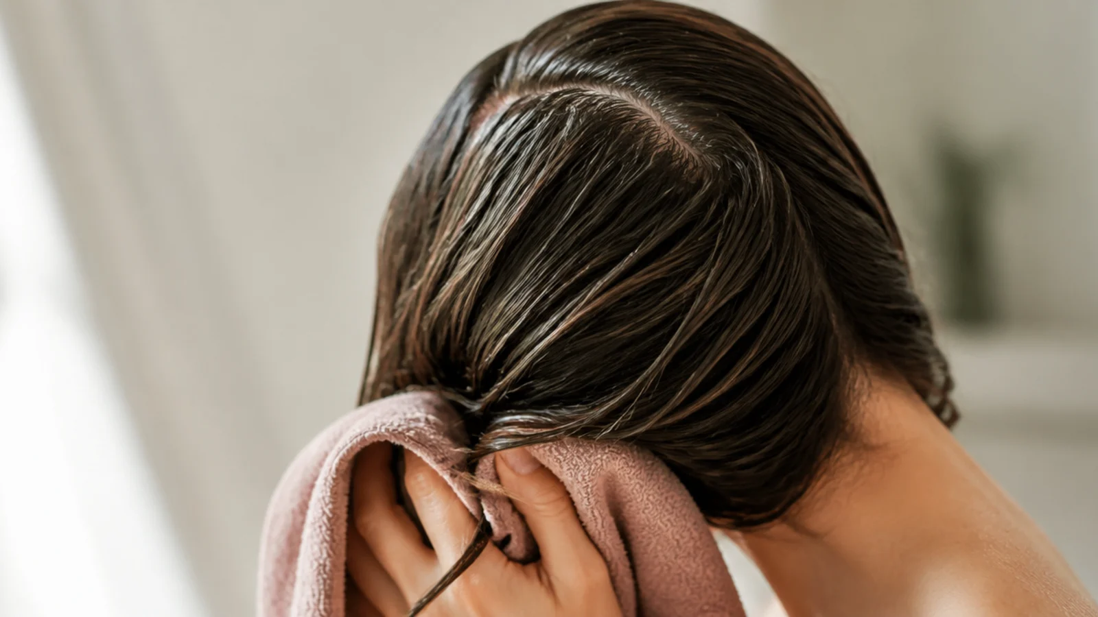 Damp hair being squeezed in a soft microfiber towel instead of rubbed with terry cloth