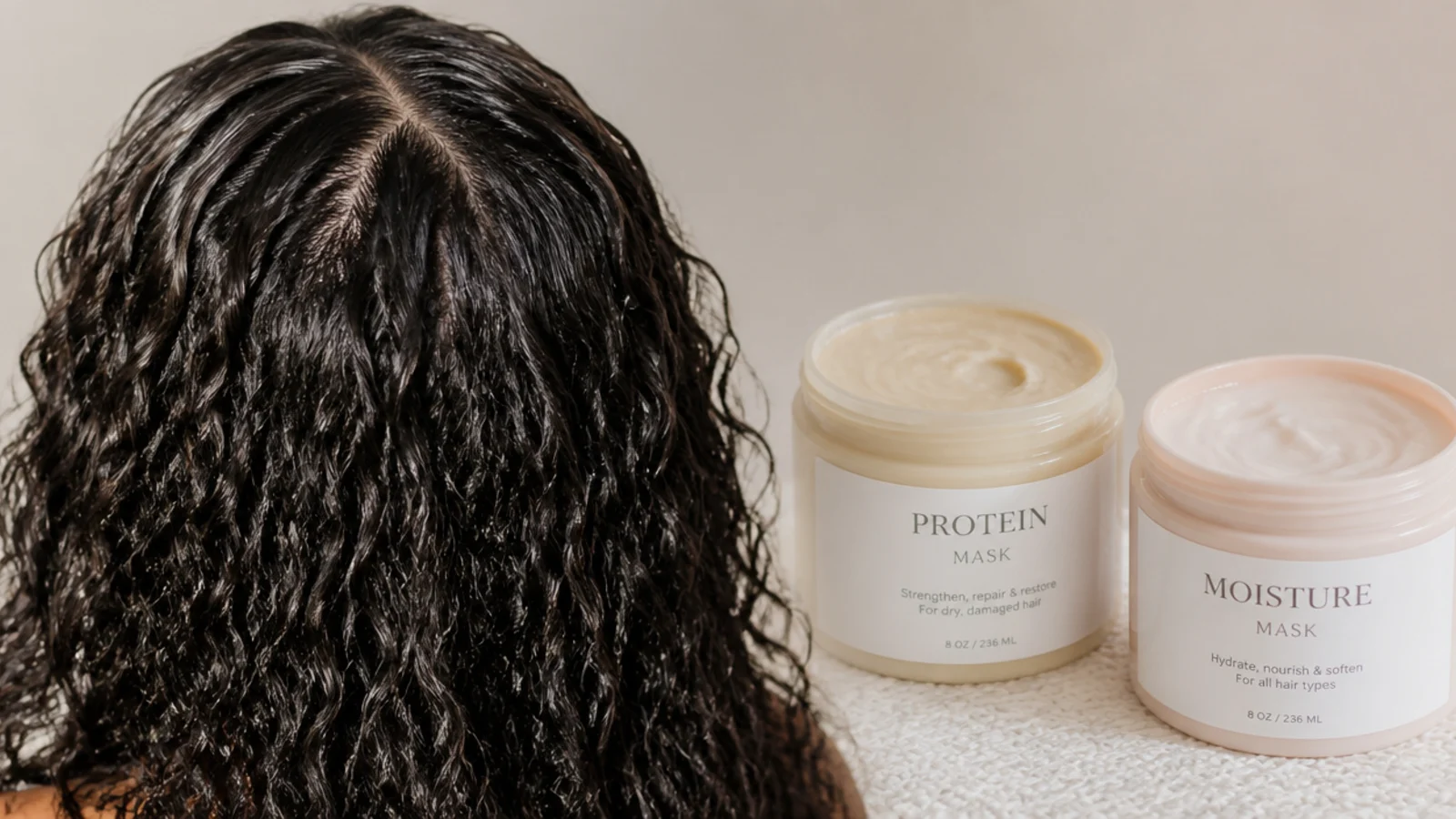 Protein and moisture deep conditioning masks side by side for a hair growth routine