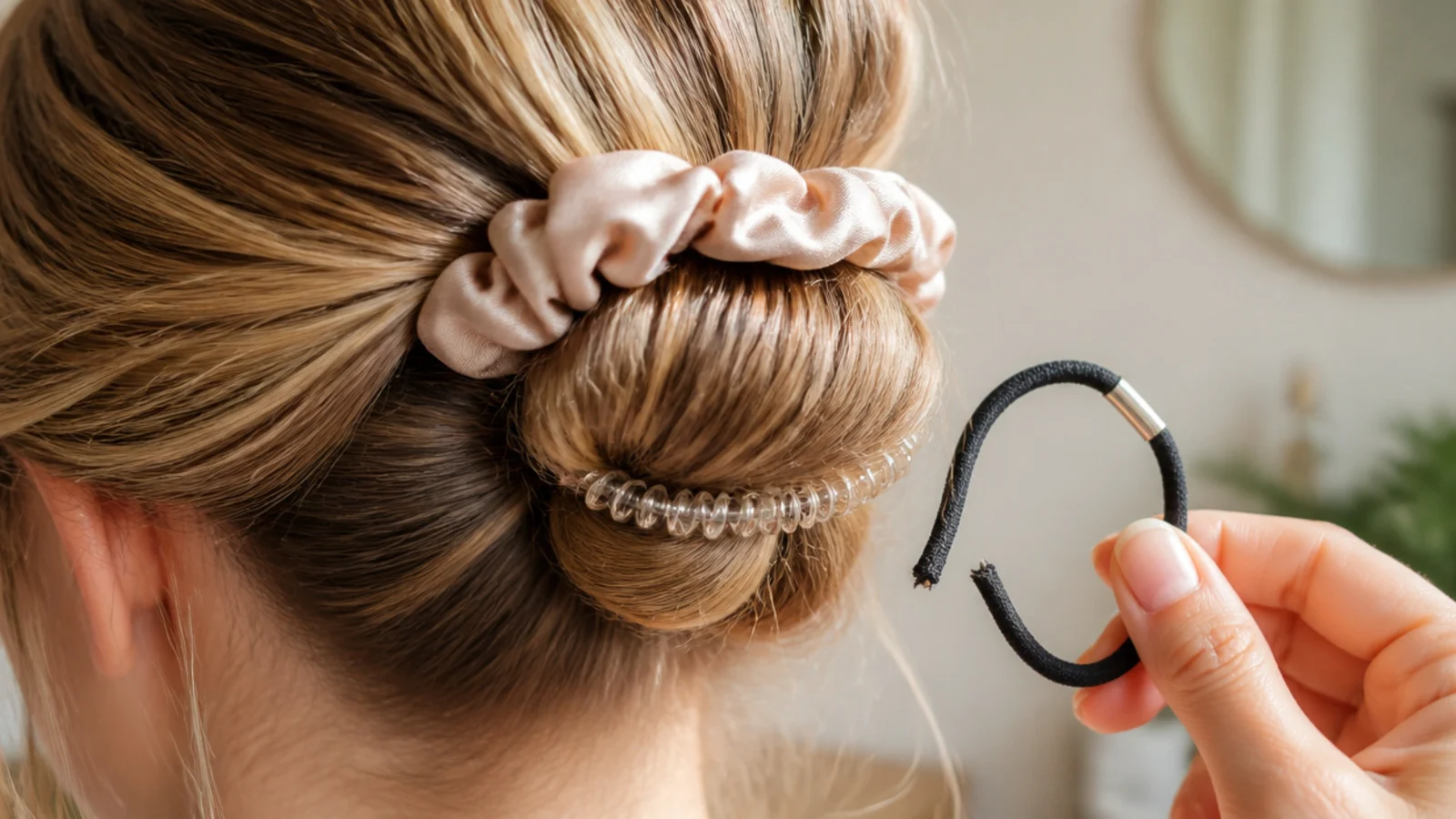 Silk scrunchie and spiral coil hair tie next to a snapped elastic band with metal clasp