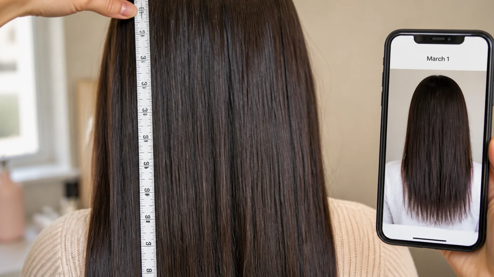Tape measure held against the length of hair beside a monthly progress photo on a phone