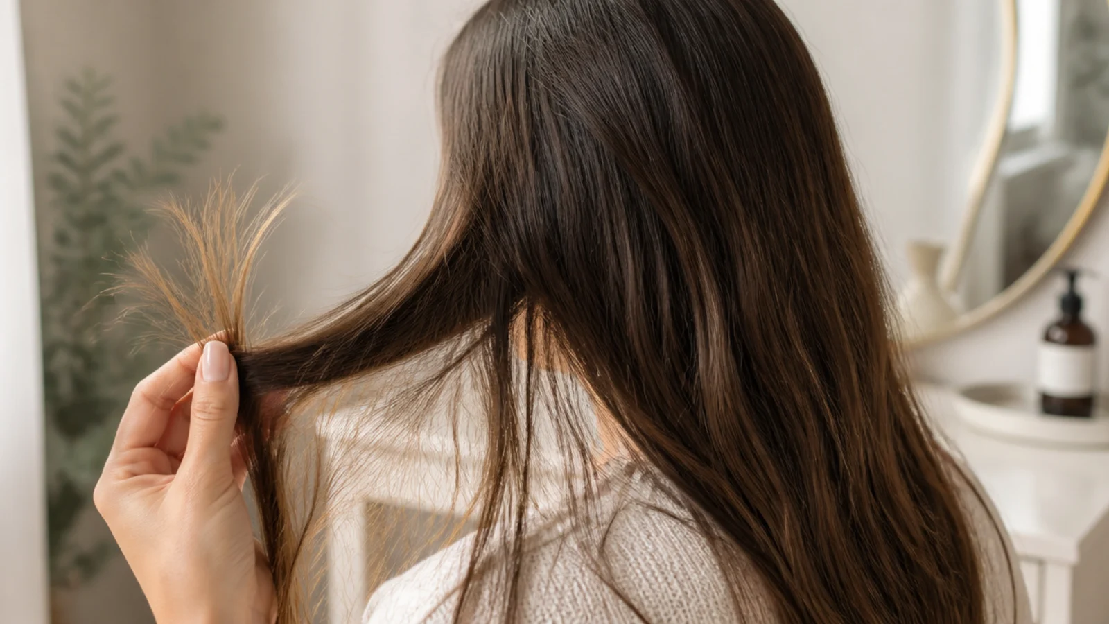 Close up of split ends and short broken pieces along the mid-lengths of long hair