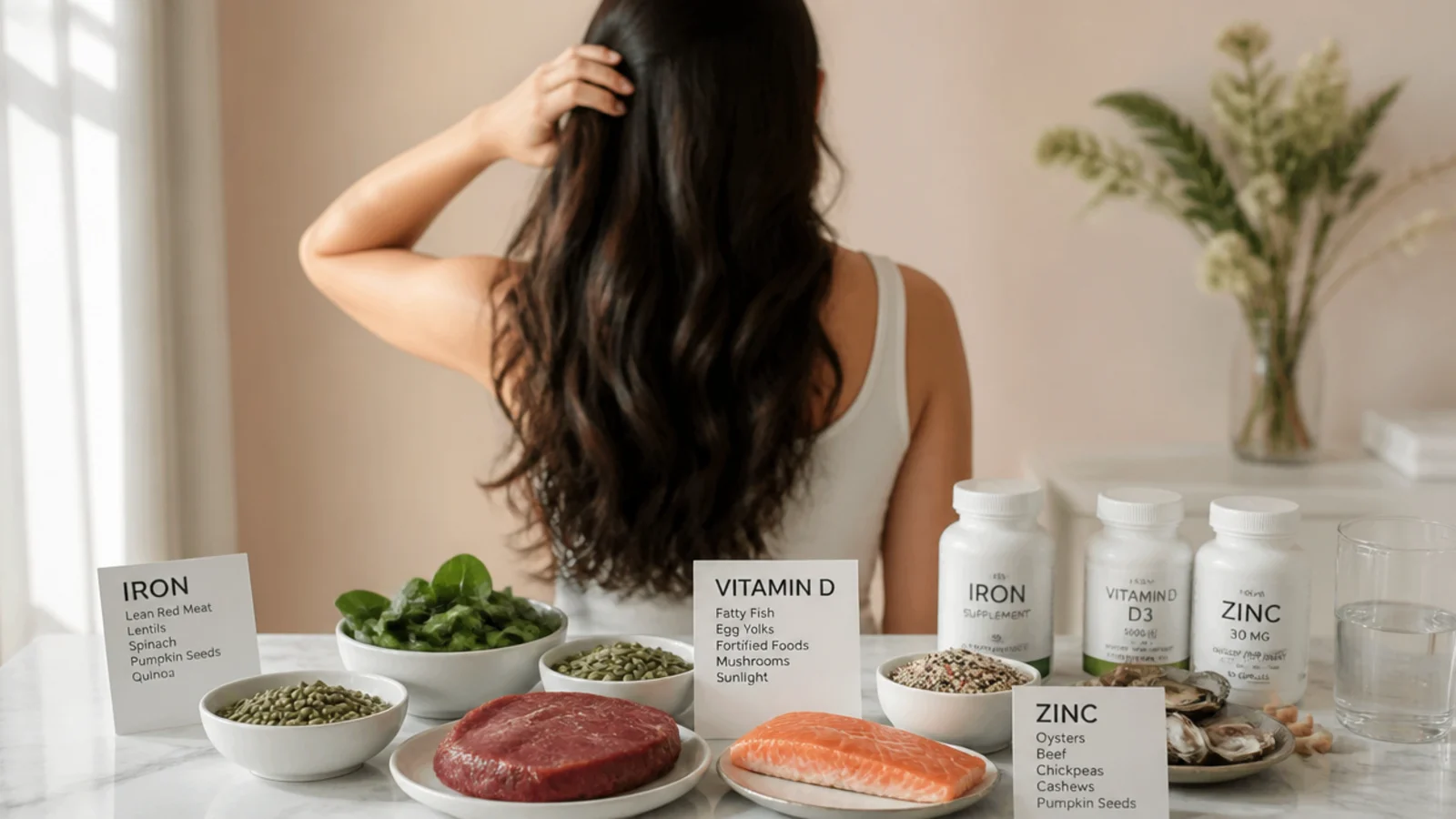 Iron rich foods vitamin D and zinc supplements laid out for a hair growth diet