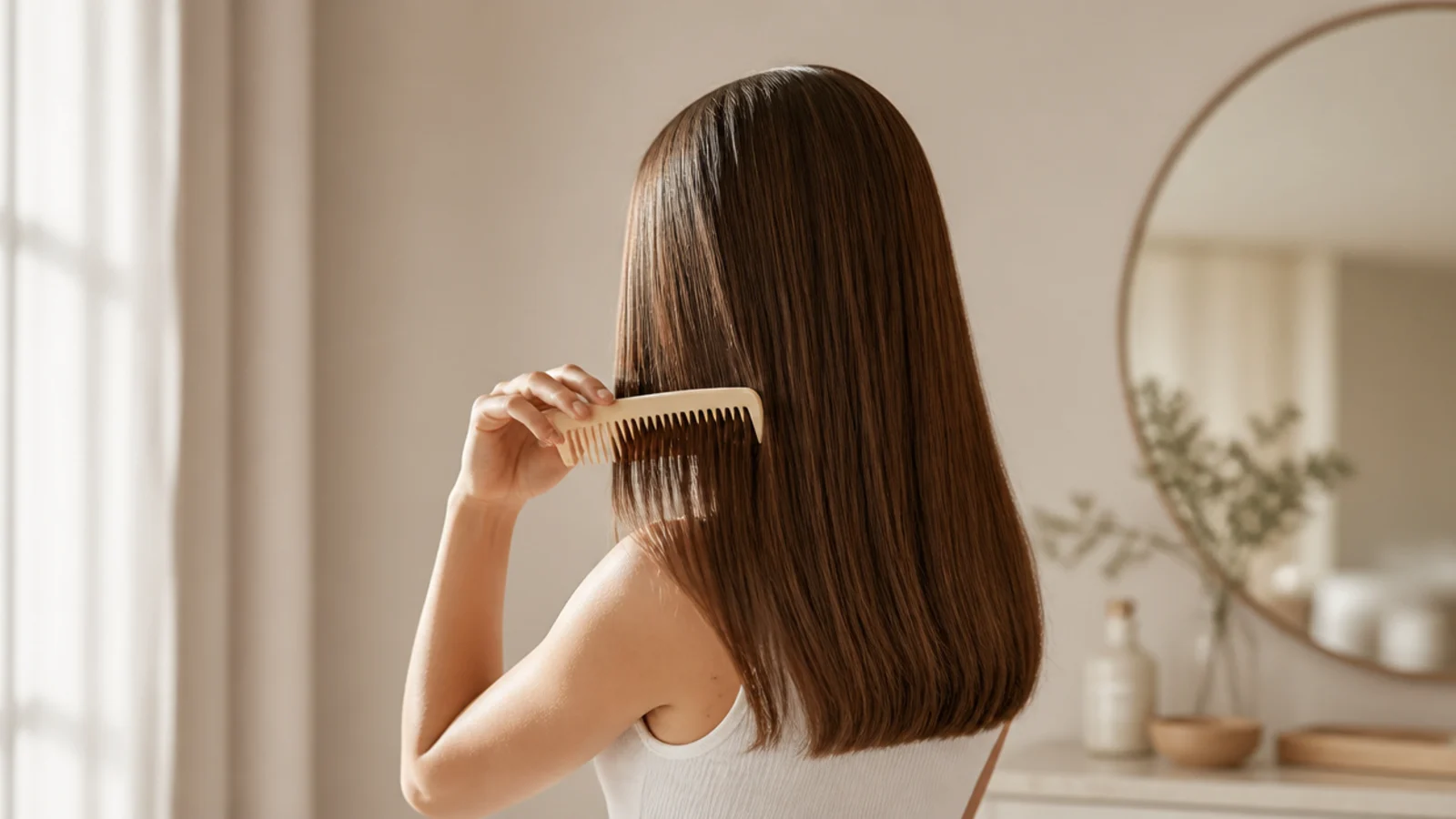 Long healthy brown hair with blunt ends being combed from the bottom up with a wide-tooth comb