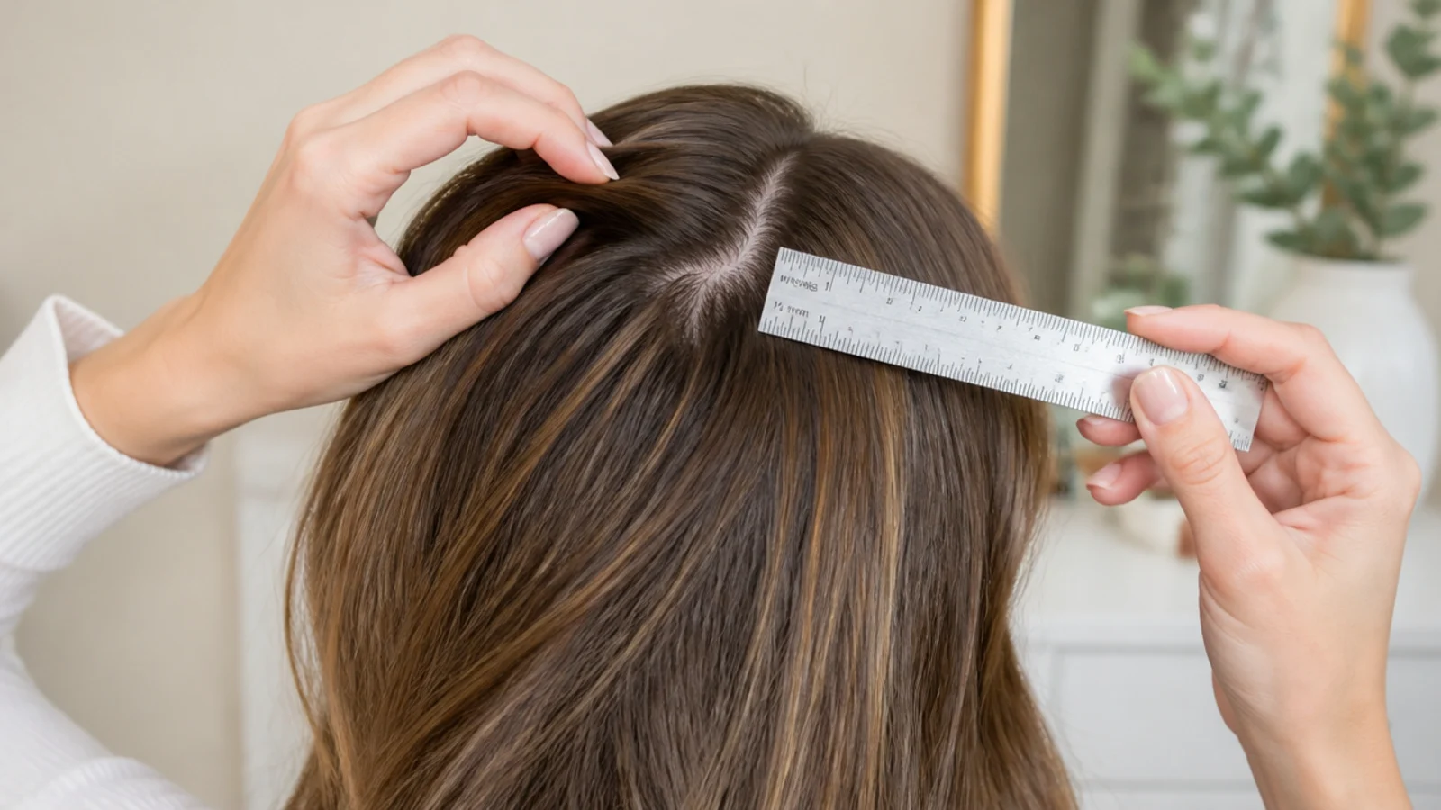 Ruler measuring half an inch of new hair growth at the root along a part line