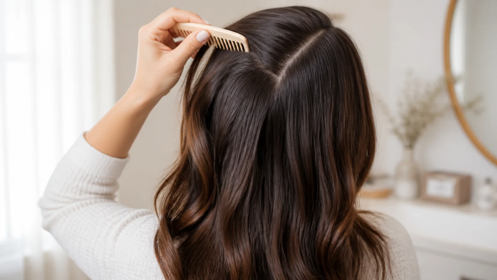 Healthy scalp shown along a clean part line with no flaking or product buildup