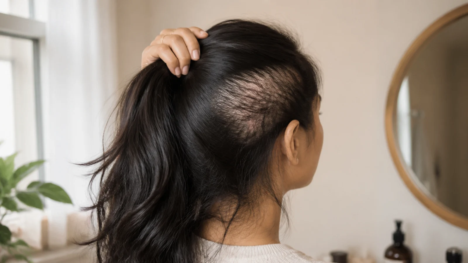 Thinning edges along the hairline compared with a healthy dense hairline perimeter