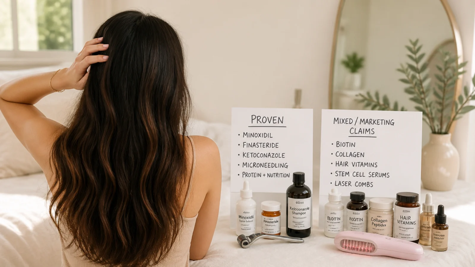 Hair growth products sorted into piles of proven mixed and marketing claims