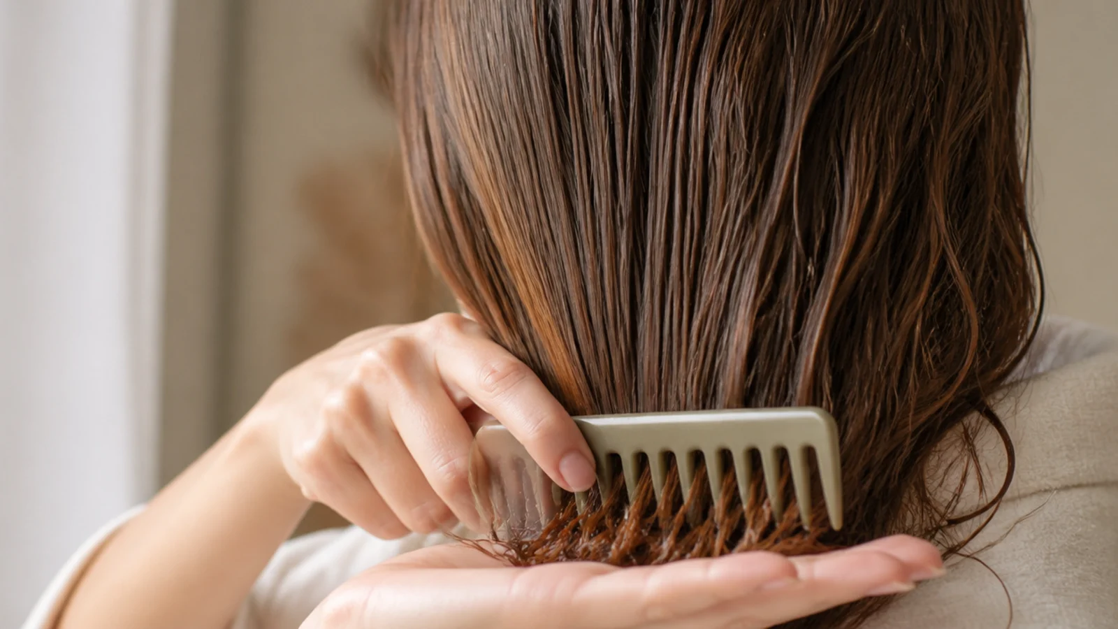 A wide tooth comb detangling the bottom two inches of damp wavy hair held in one hand