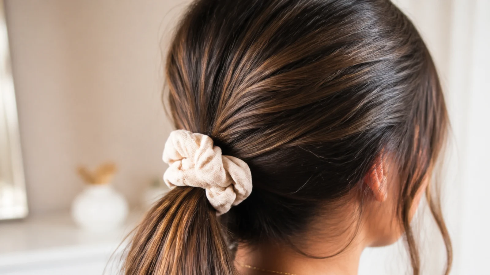 A loose low ponytail secured with a fabric scrunchie showing soft undisturbed edges at the hairline