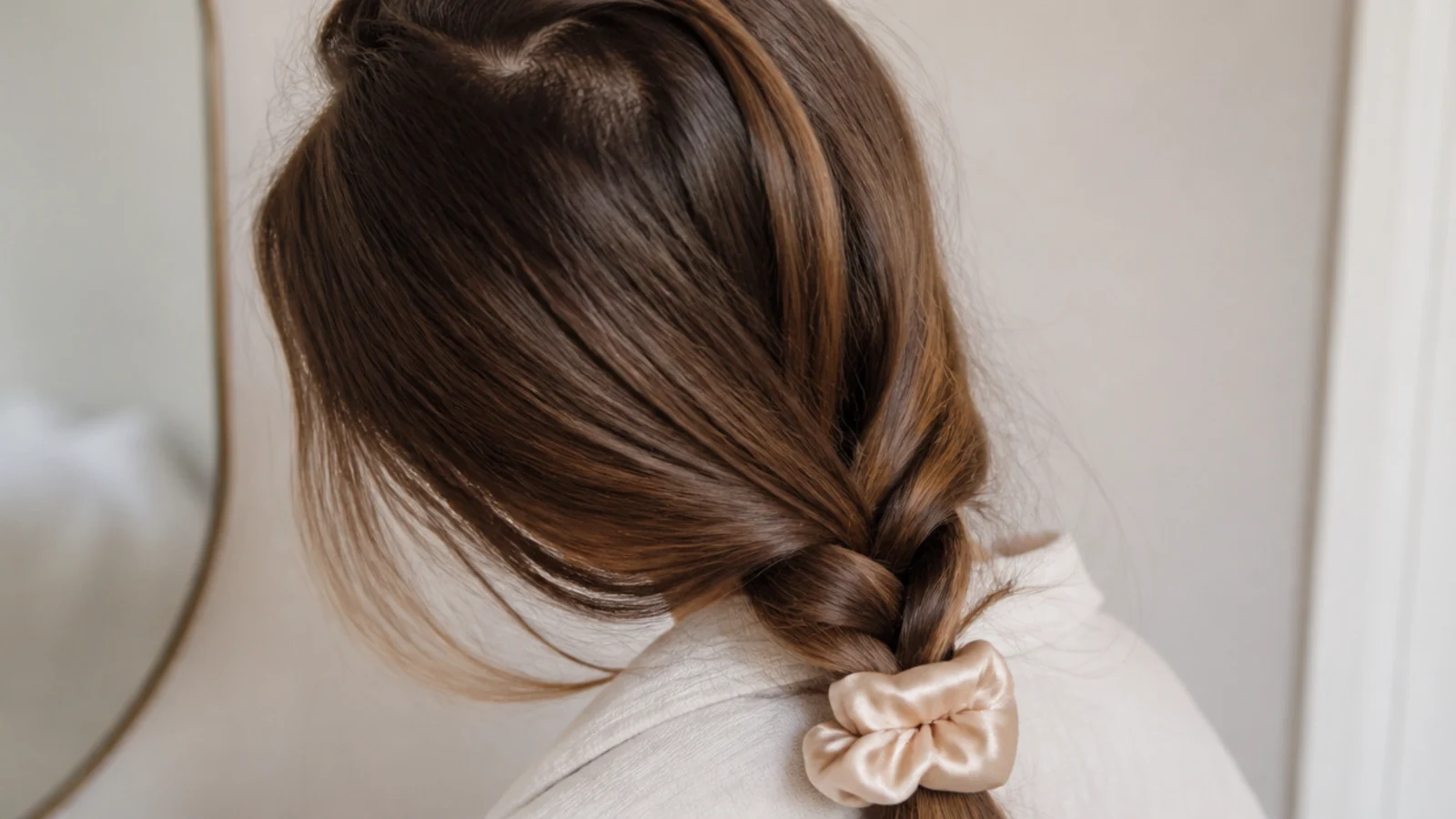 A loose single overnight braid tied with a satin scrunchie resting over one shoulder