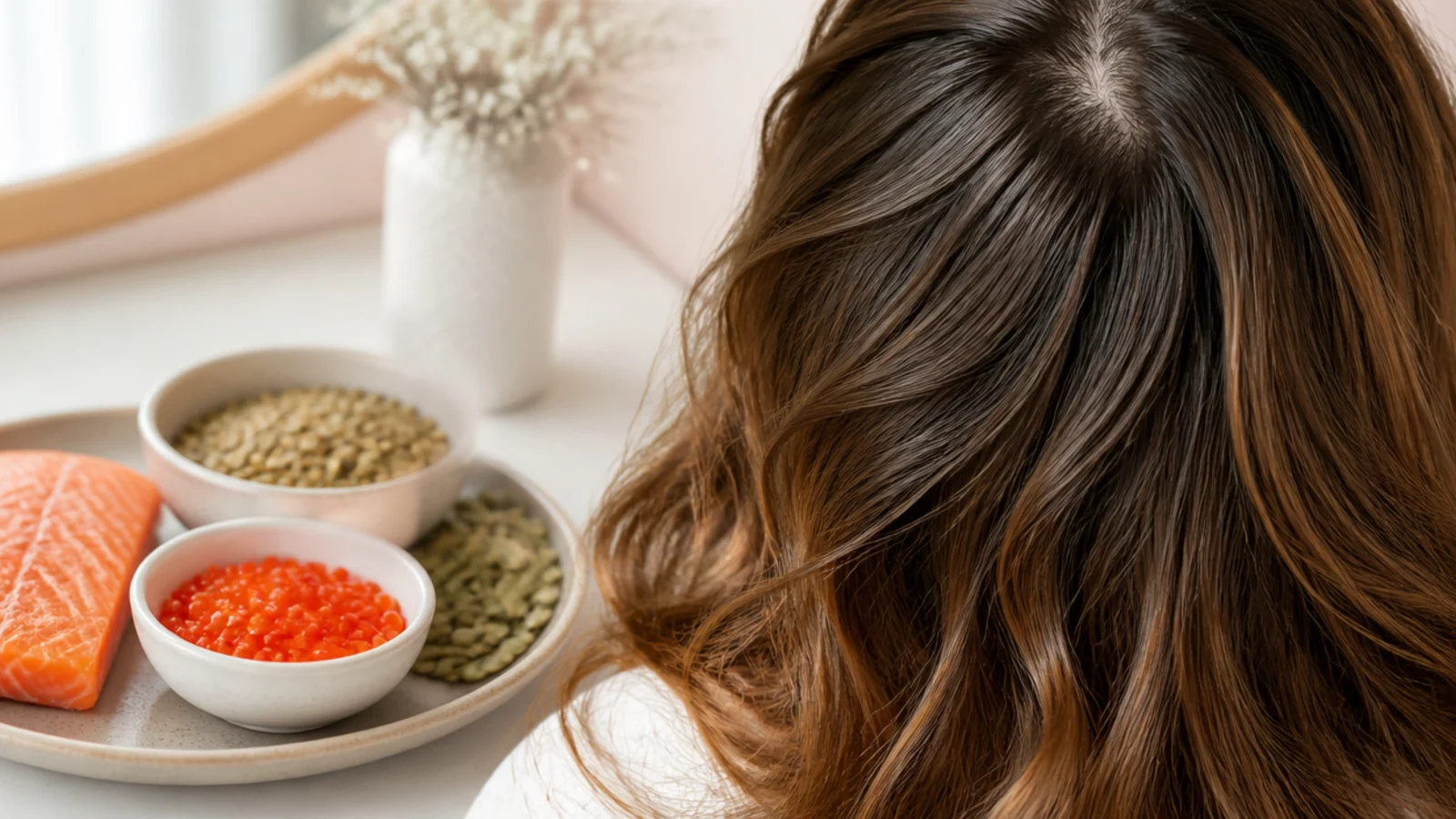 A plate of salmon eggs lentils and pumpkin seeds arranged as protein foods for healthy hair growth
