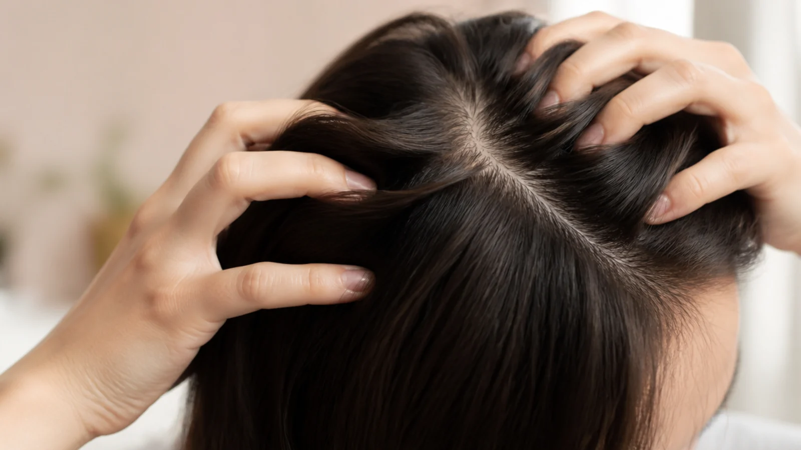 Fingertips massaging the crown of the scalp in small circles through parted dark hair
