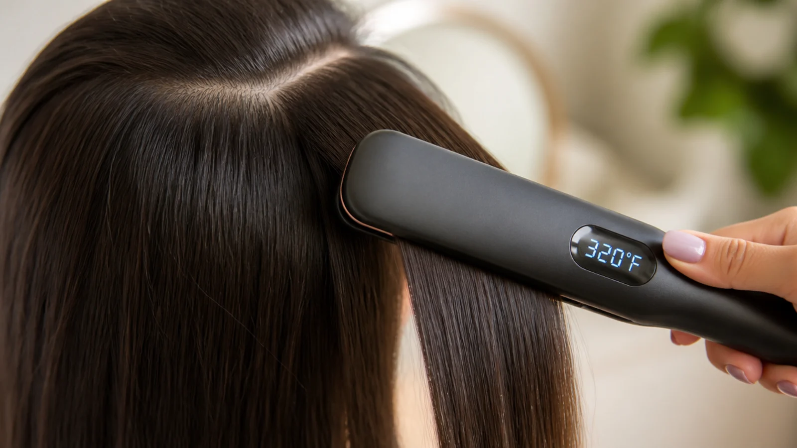Flat iron digital display set to 320 degrees Fahrenheit held next to a section of smooth hair