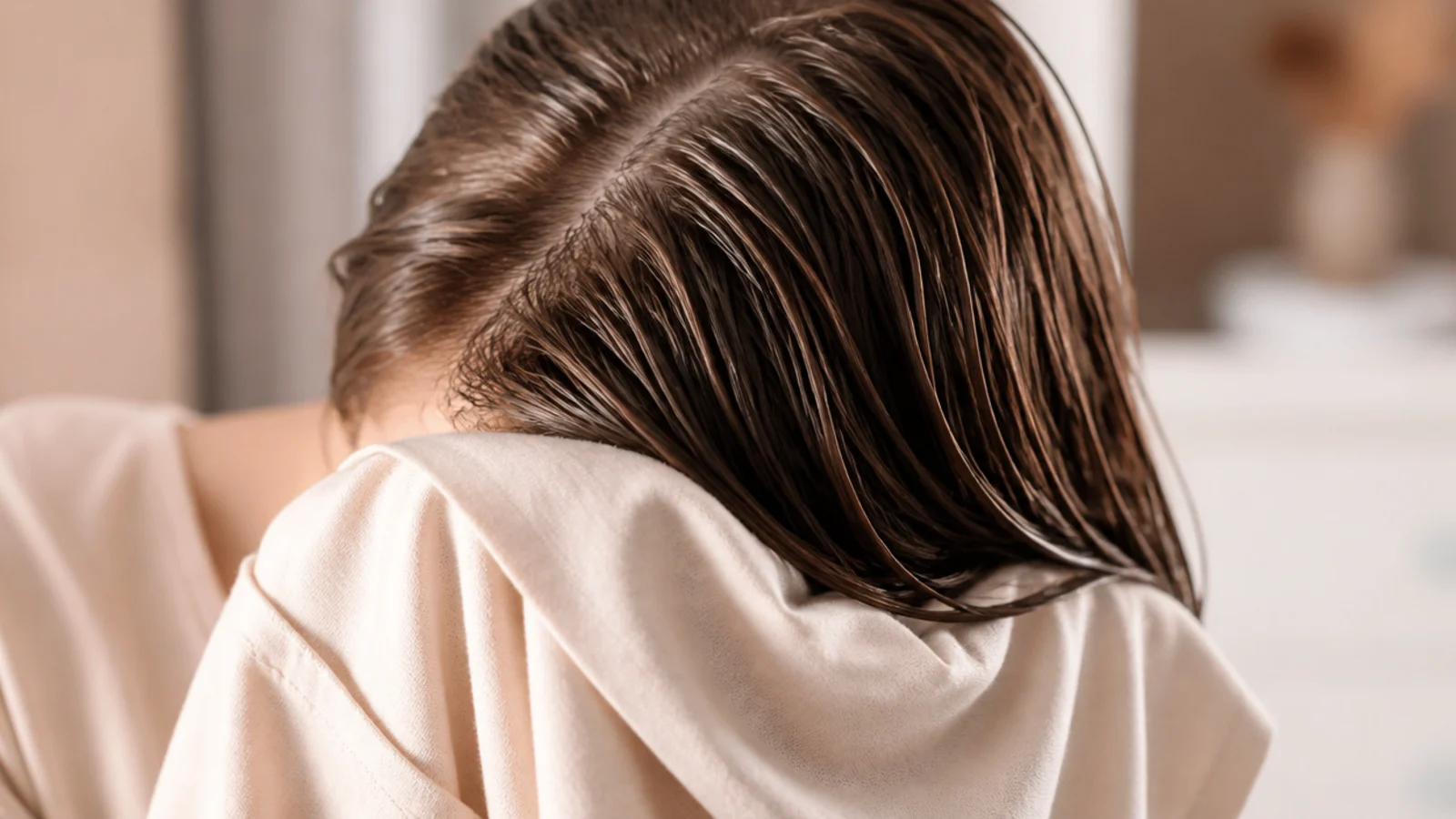Damp hair being gently squeezed inside a soft cotton t-shirt instead of a terry towel