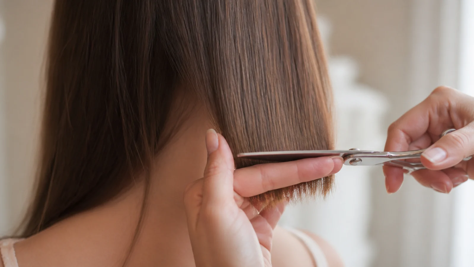 Shears trimming a quarter inch from blunt hair ends held between two fingers