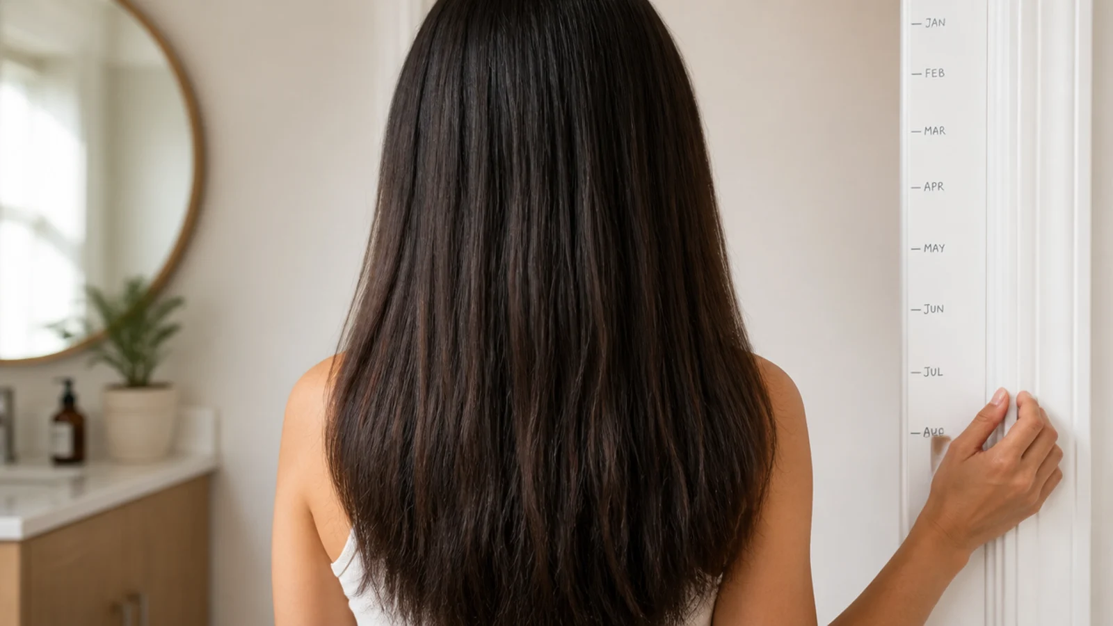 Back view length check photo of stretched hair against a doorframe marked for monthly comparison