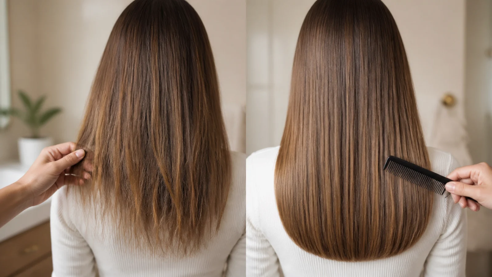 Close up comparison of split frayed hair ends beside blunt healthy hair ends of the same color