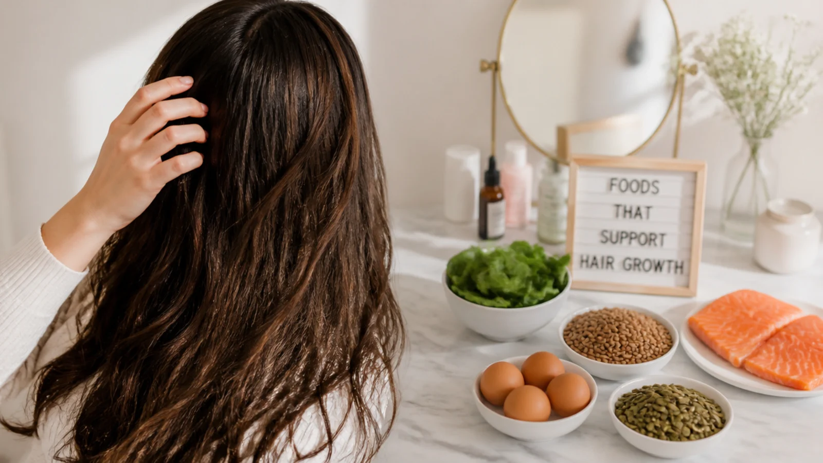 Eggs salmon spinach lentils and pumpkin seeds laid out as foods that support healthy hair growth