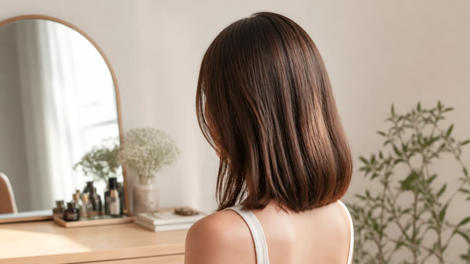 Healthy shoulder length brown hair with even blunt ends and visible shine in natural daylight