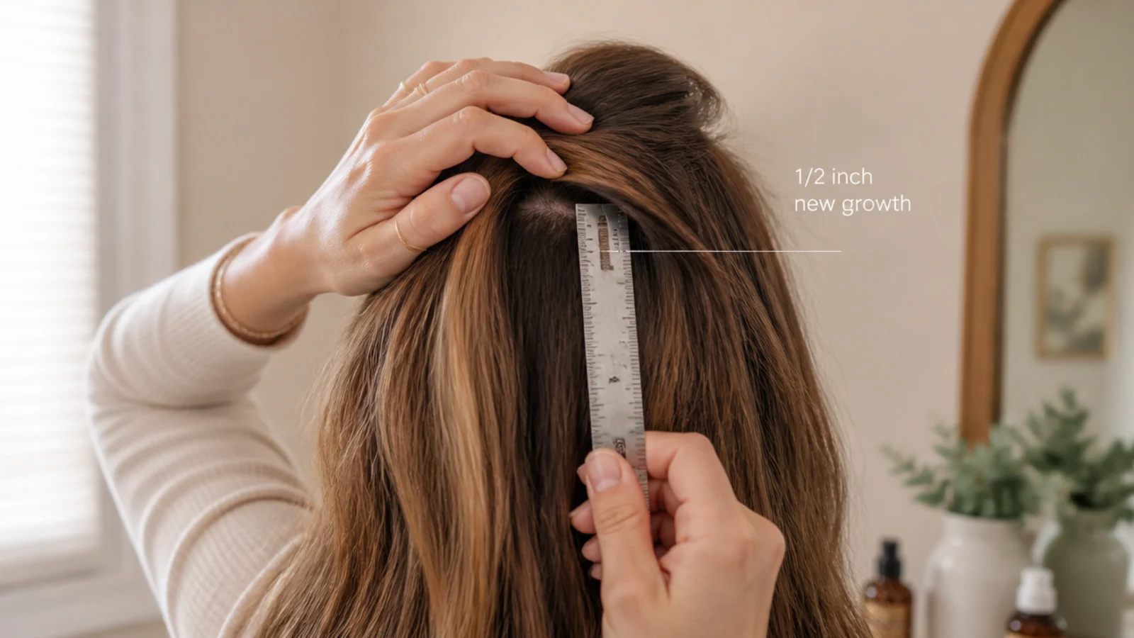 Ruler held against a section of hair measuring half an inch of new growth at the root