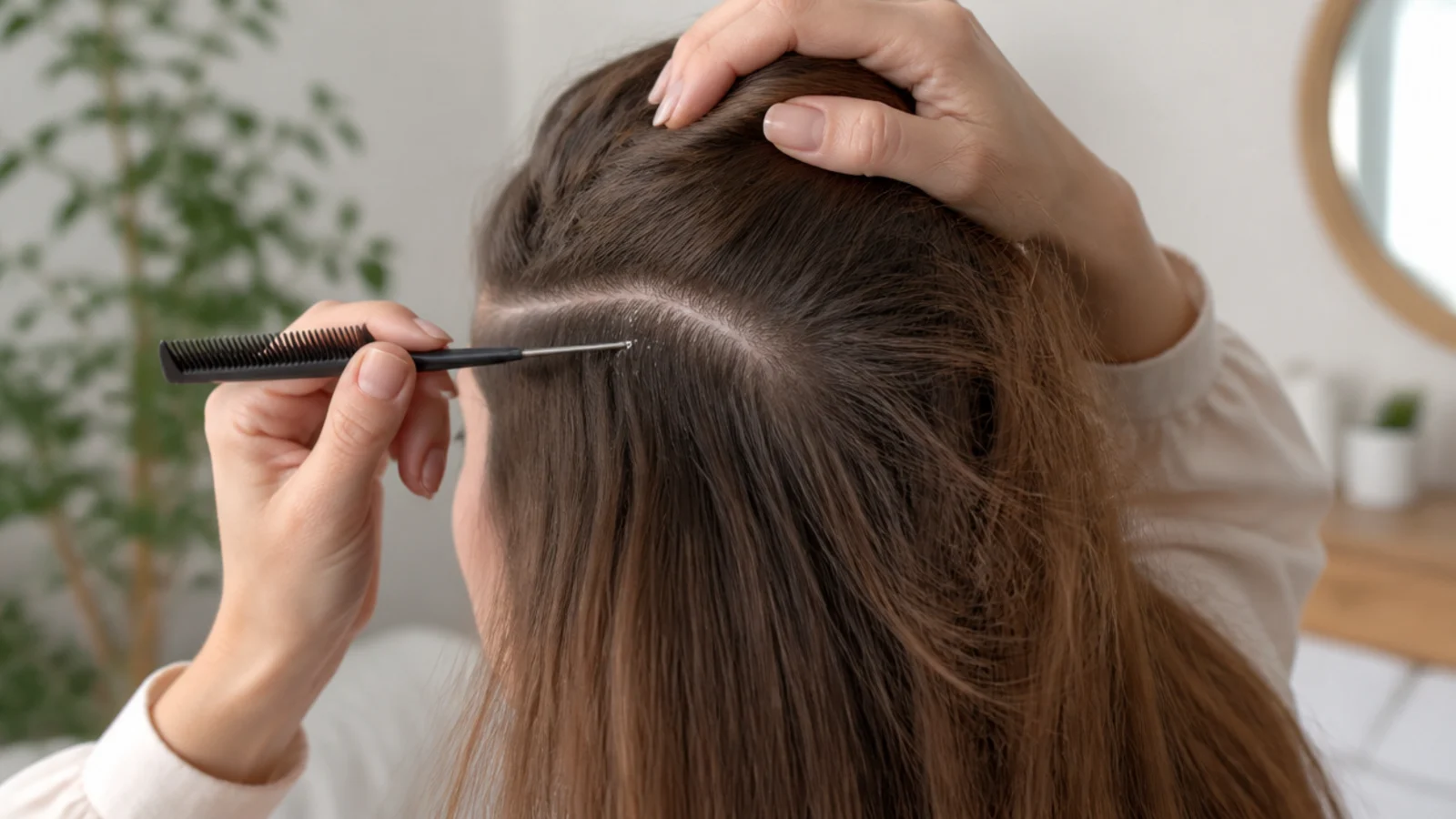 Sectioned scalp being examined for flaking and buildup with a fine comb under bright light