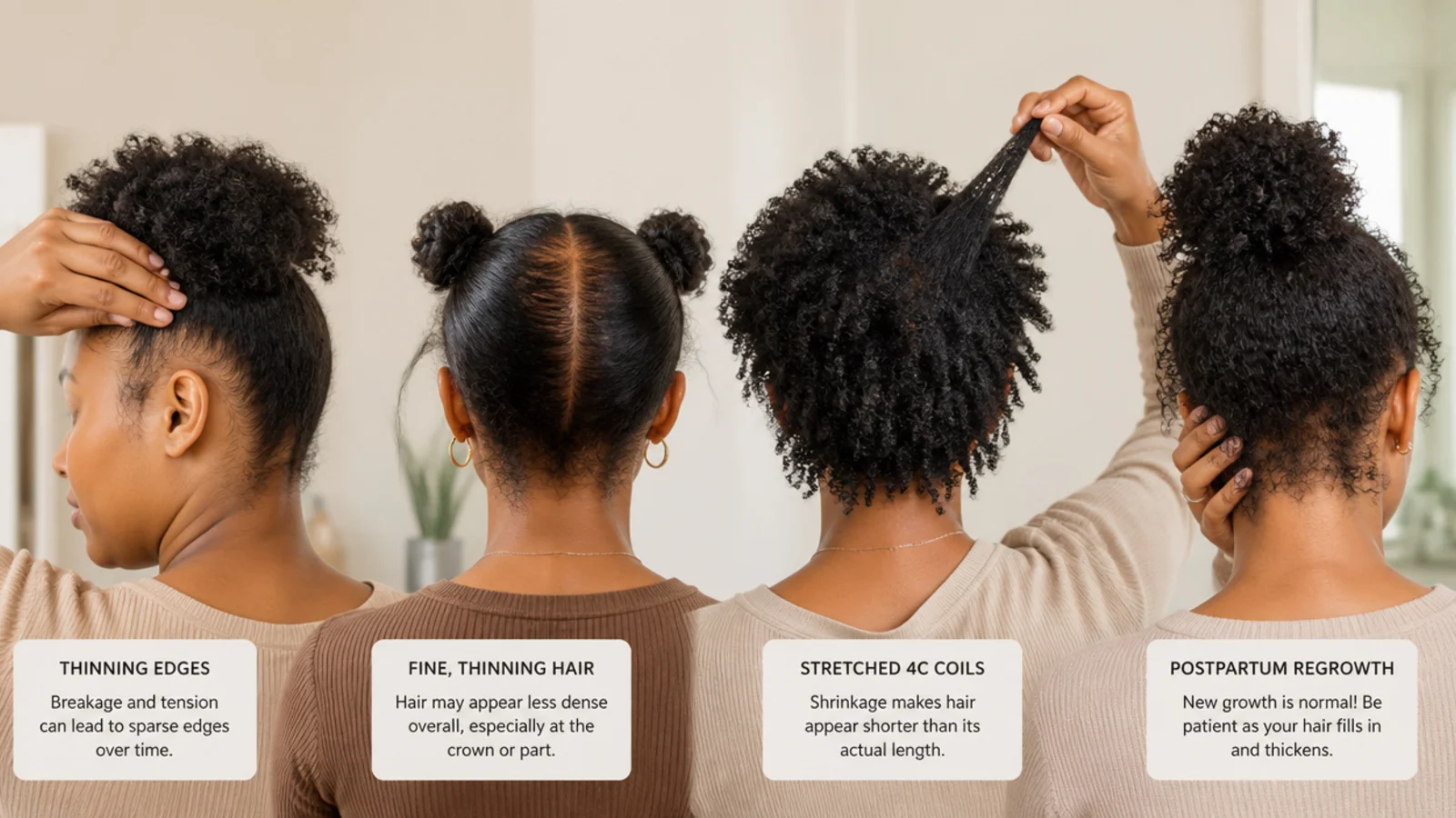 Four hair concerns compared showing thinning edges fine thinning hair stretched 4C coils and postpartum regrowth