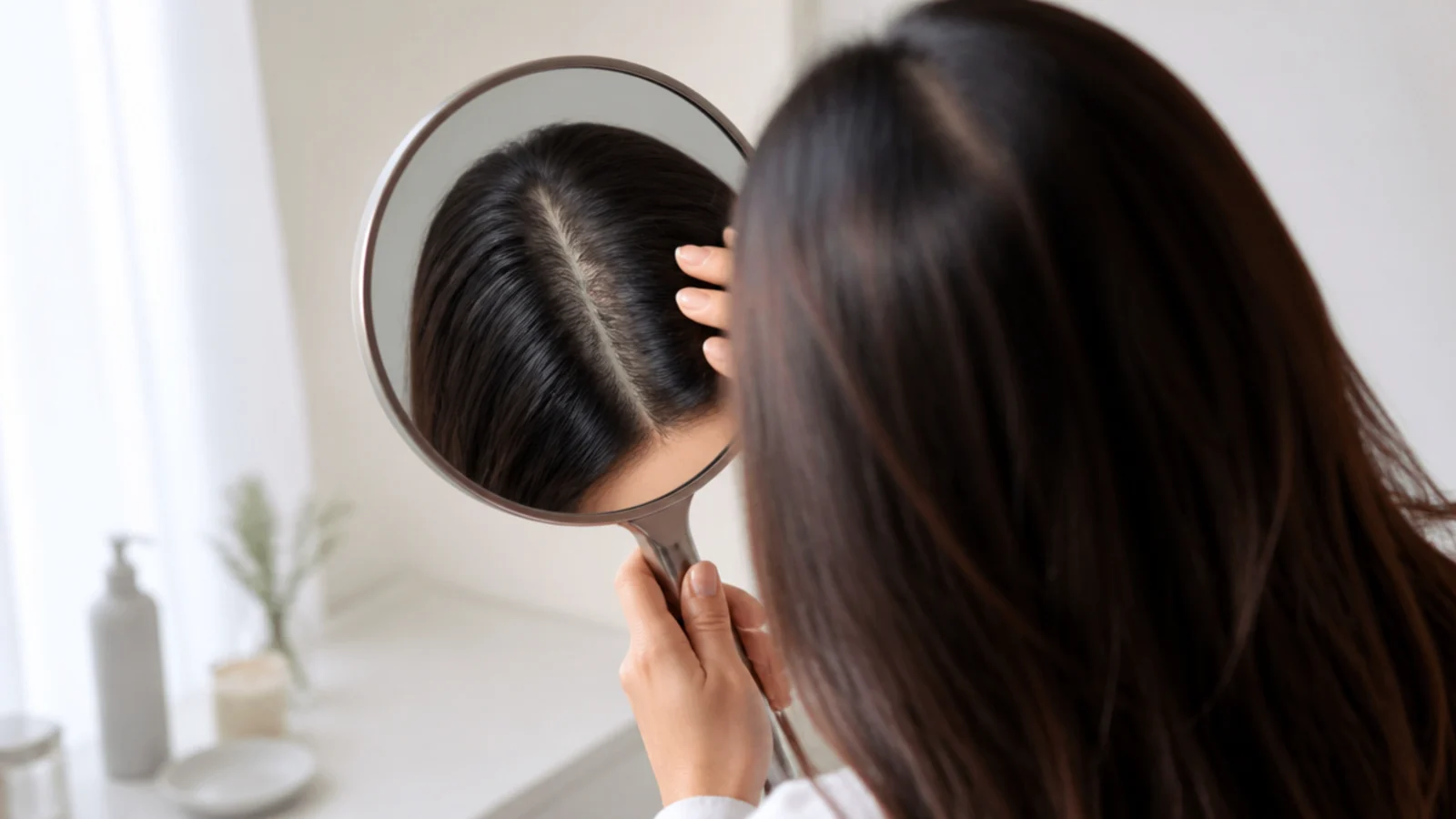 A widening center part being checked in a mirror as a sign to see a doctor about hair loss
