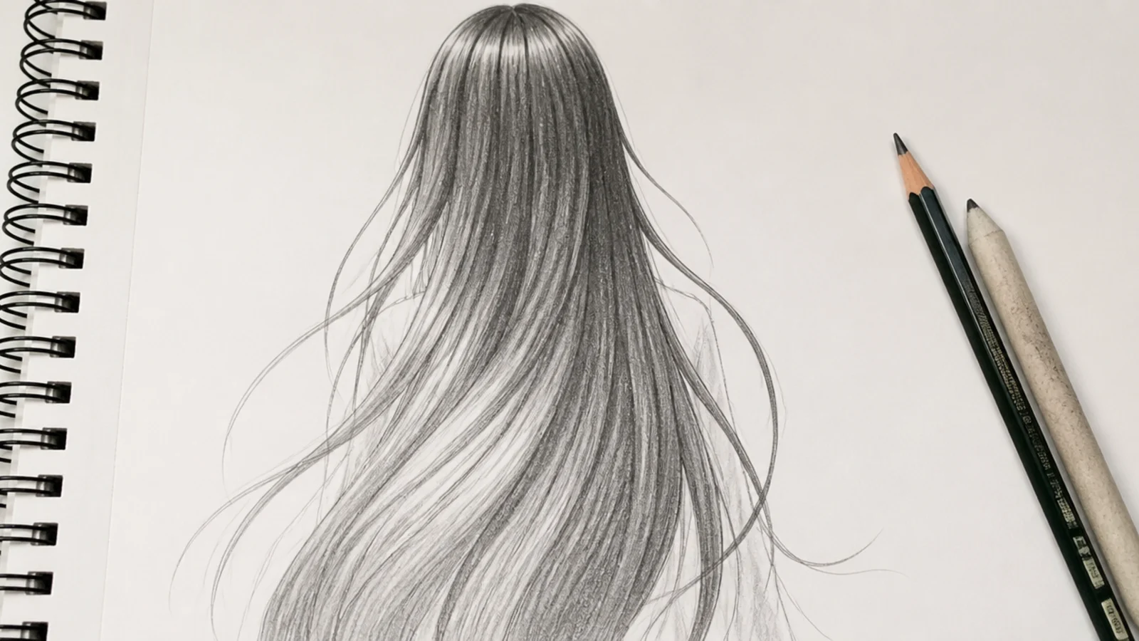 Graphite sketch of waist-length straight anime hair with long unbroken S-curve strokes