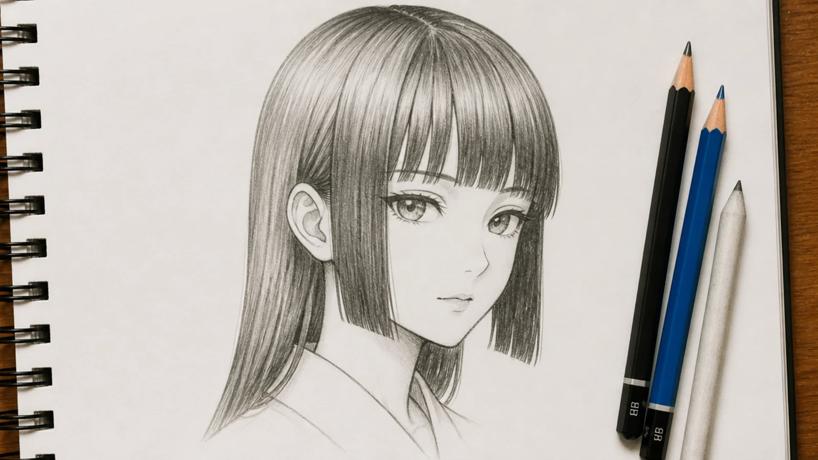 Pencil anime hair sketch of a hime cut with blunt bangs and cheek-length straight sidelocks