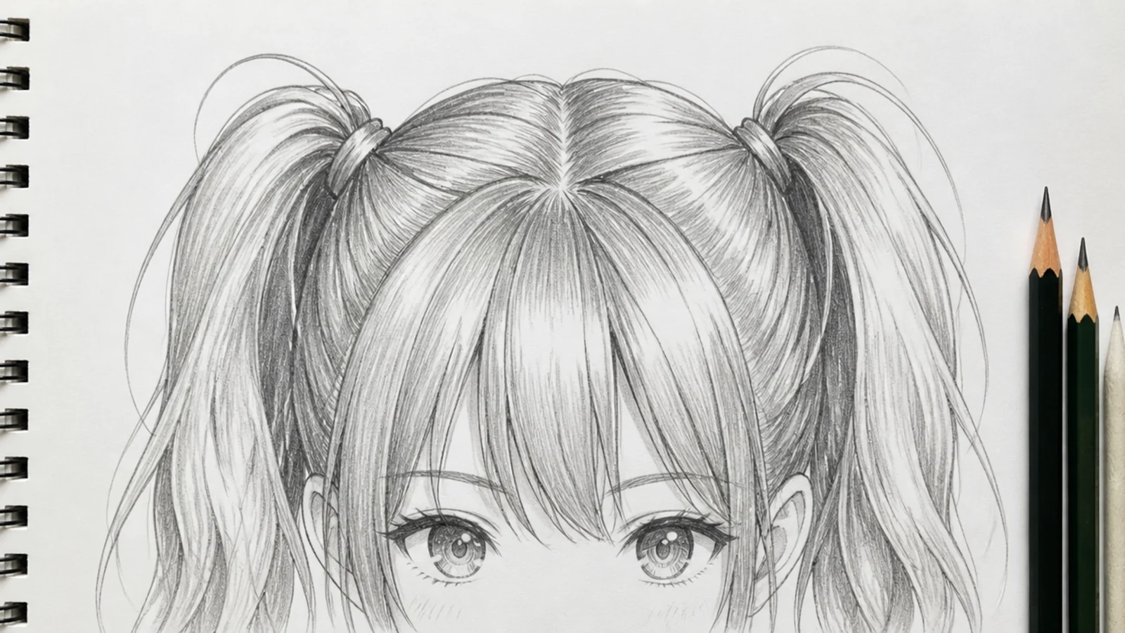 Anime hair sketch of high twin tails in pencil with visible gather points above the ears