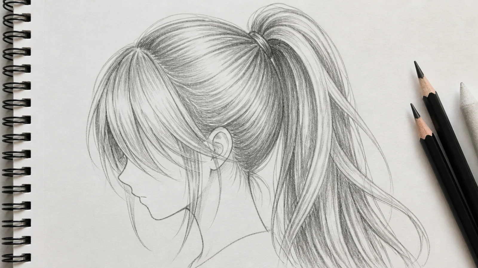 Side-view pencil sketch of anime hair in a high ponytail with sweeping scalp lines