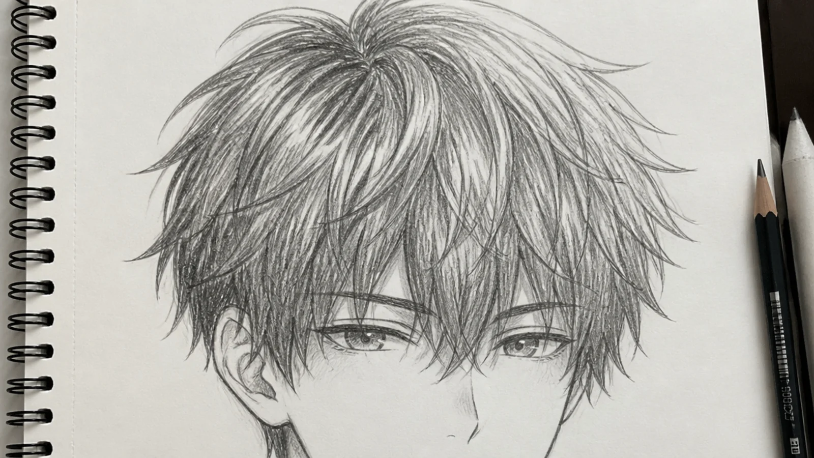 Pencil anime hair sketch of a short messy male cut with uneven clumps falling over the forehead