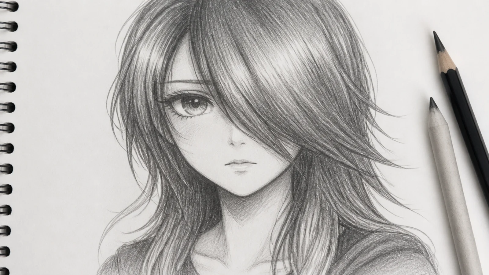 Anime hair sketch in pencil with a heavy side sweep of hair covering one eye