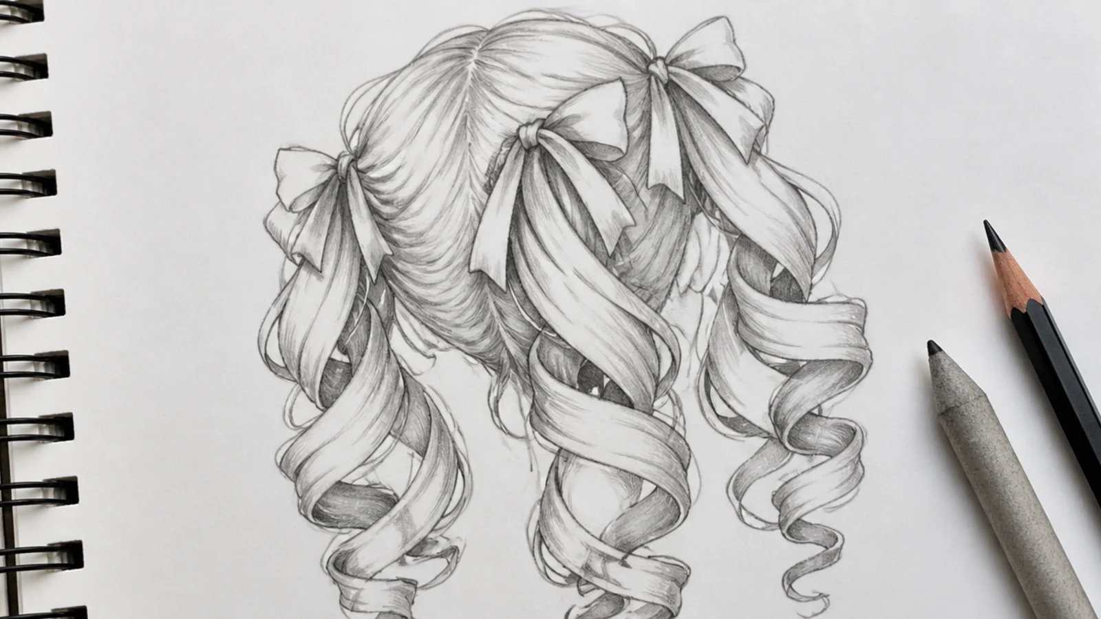 Pencil sketch of curly anime hair drawn as ribbon spirals with light and shadow on opposite sides