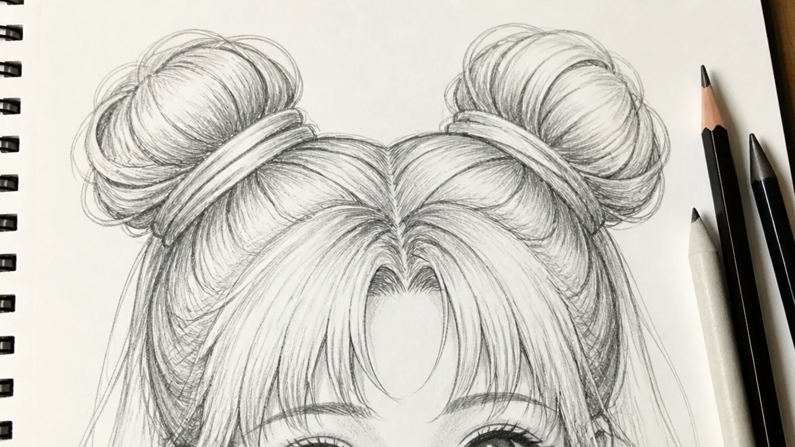 Anime hair sketch of two odango buns on top of the head with wrapped strand lines