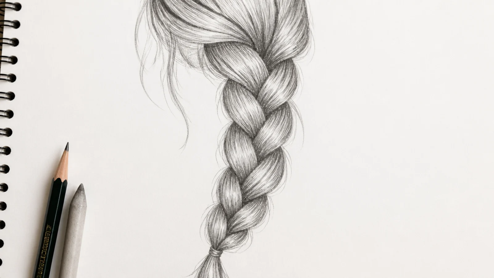 Pencil anime hair sketch of a long single side braid with stacked teardrop segments