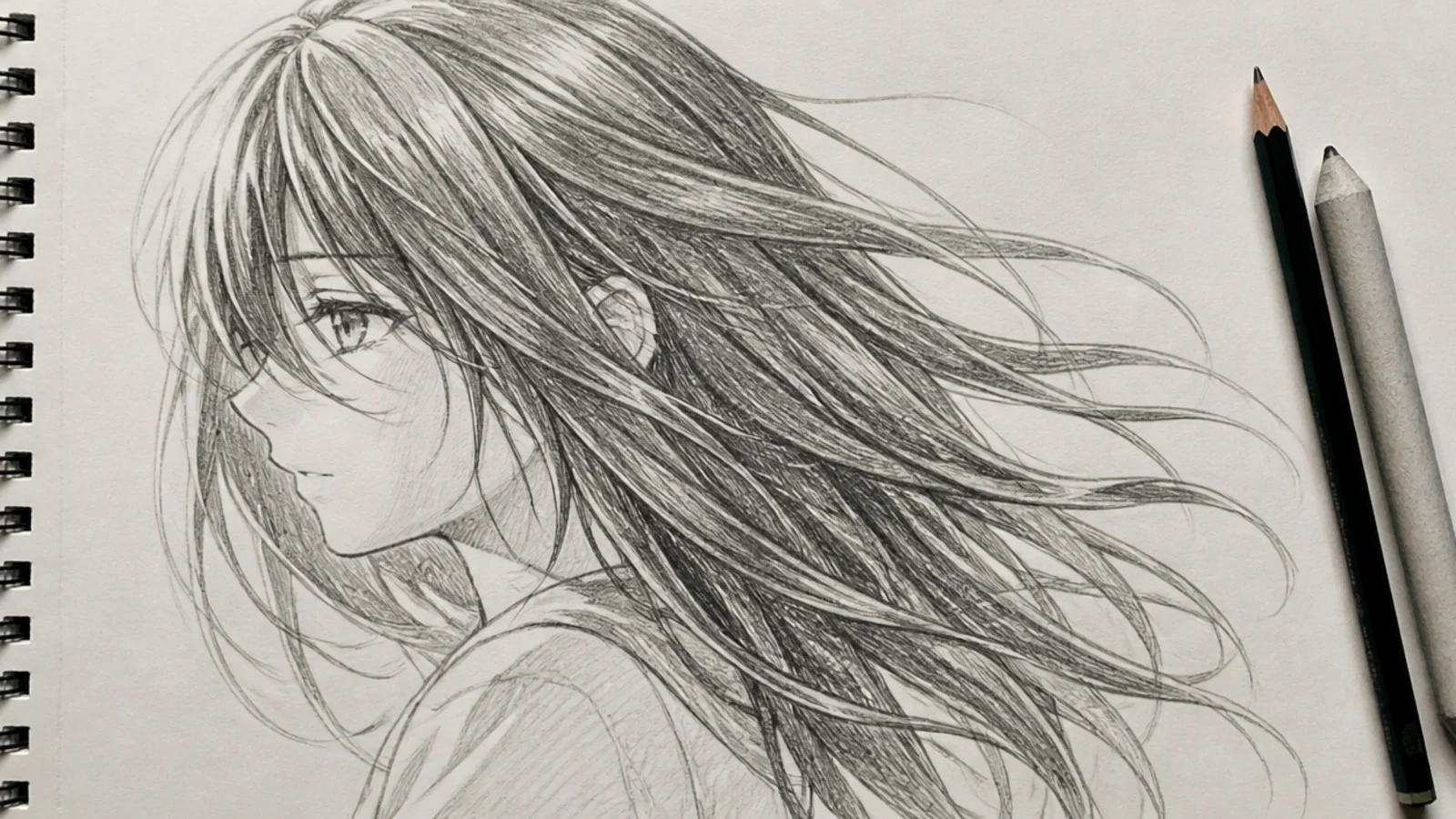 Anime hair sketch of long hair blowing sideways in the wind with separated trailing clumps