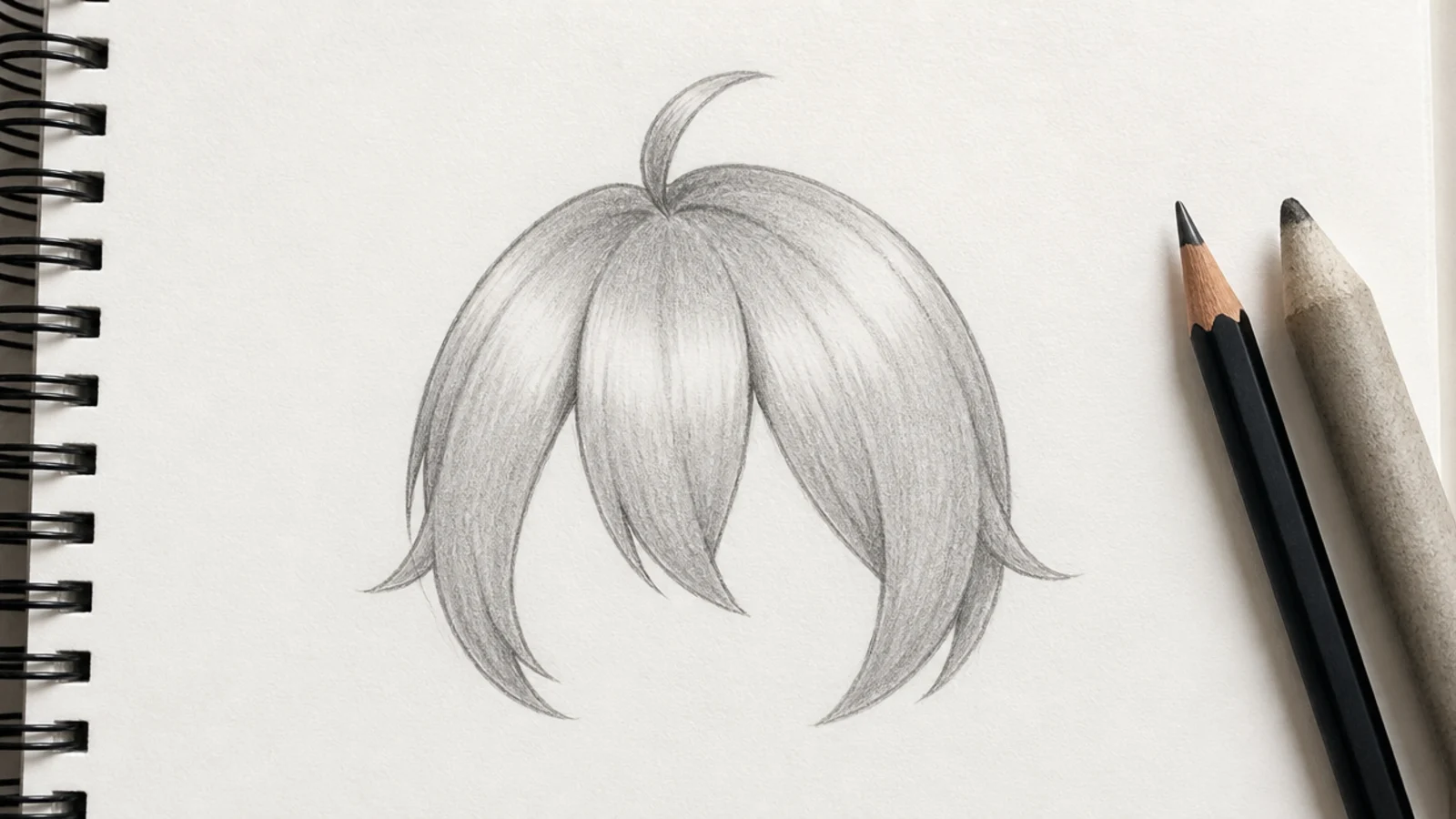 Small-scale chibi anime hair sketch in pencil with three simplified clumps and no interior lines