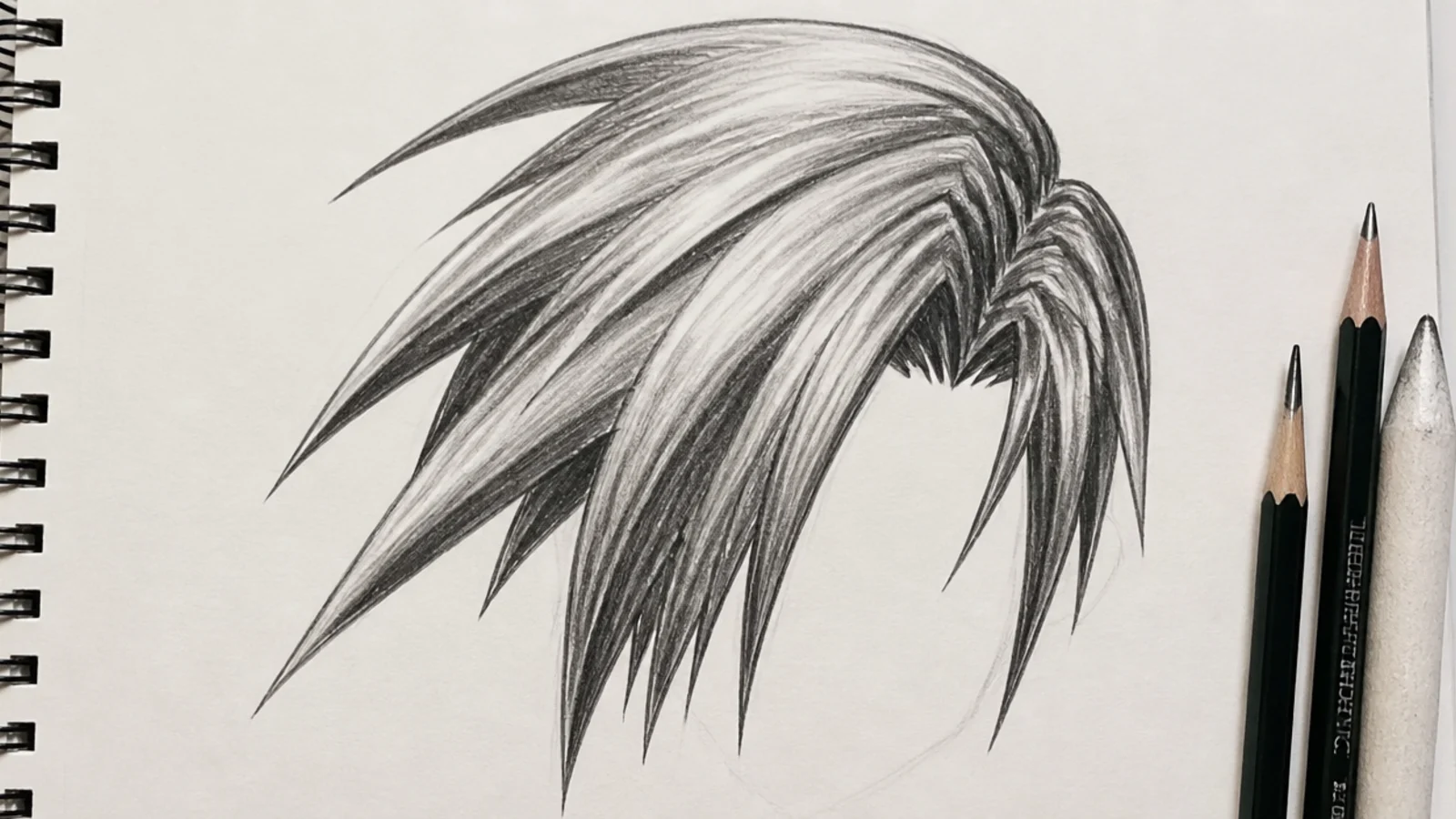 Pencil anime hair sketch of an angular villain hairstyle with sharp downward-pointing spikes