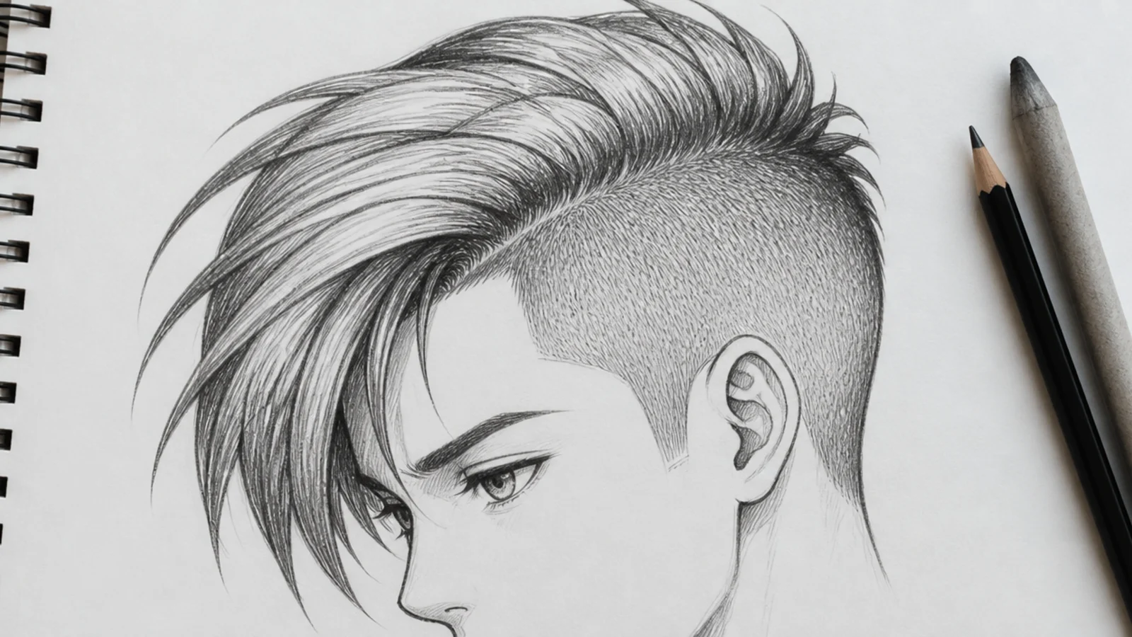 Anime hair sketch of an undercut with a stippled shaved side and a long swept top section
