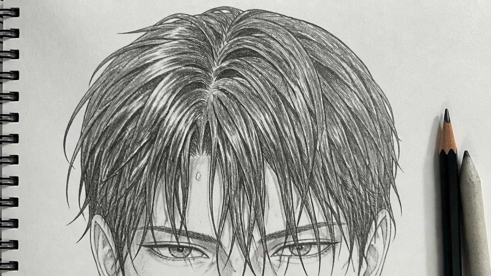 Pencil anime hair sketch of wet hair clinging to the forehead with sharp pointed clumps