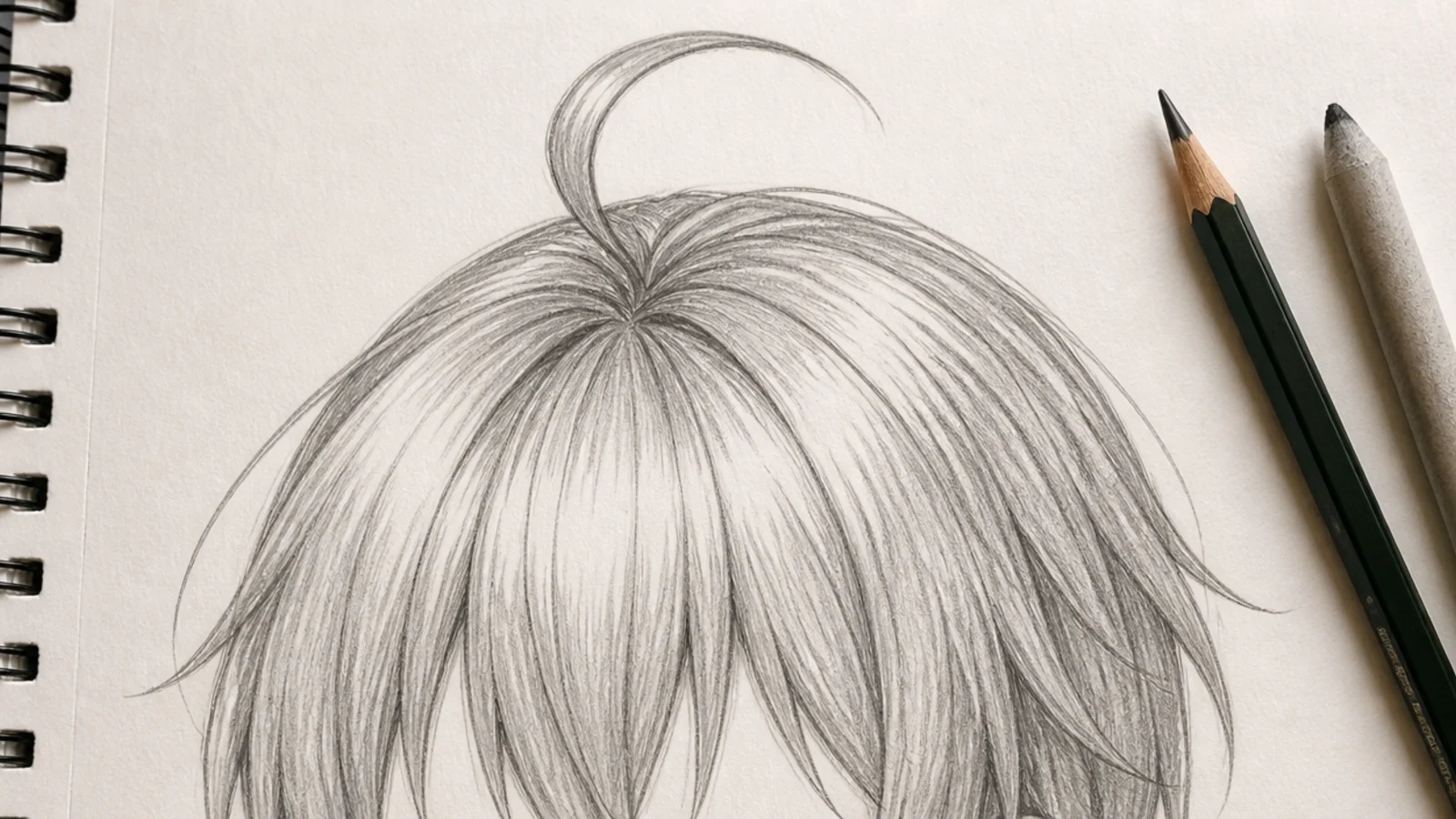 Anime hair sketch with a single curved ahoge cowlick strand rising from the crown