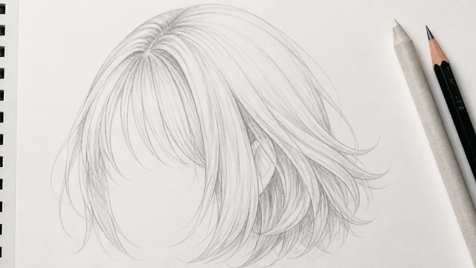 Graphite anime hair sketch of pale blonde hair with mostly white paper and thin 2H strand lines