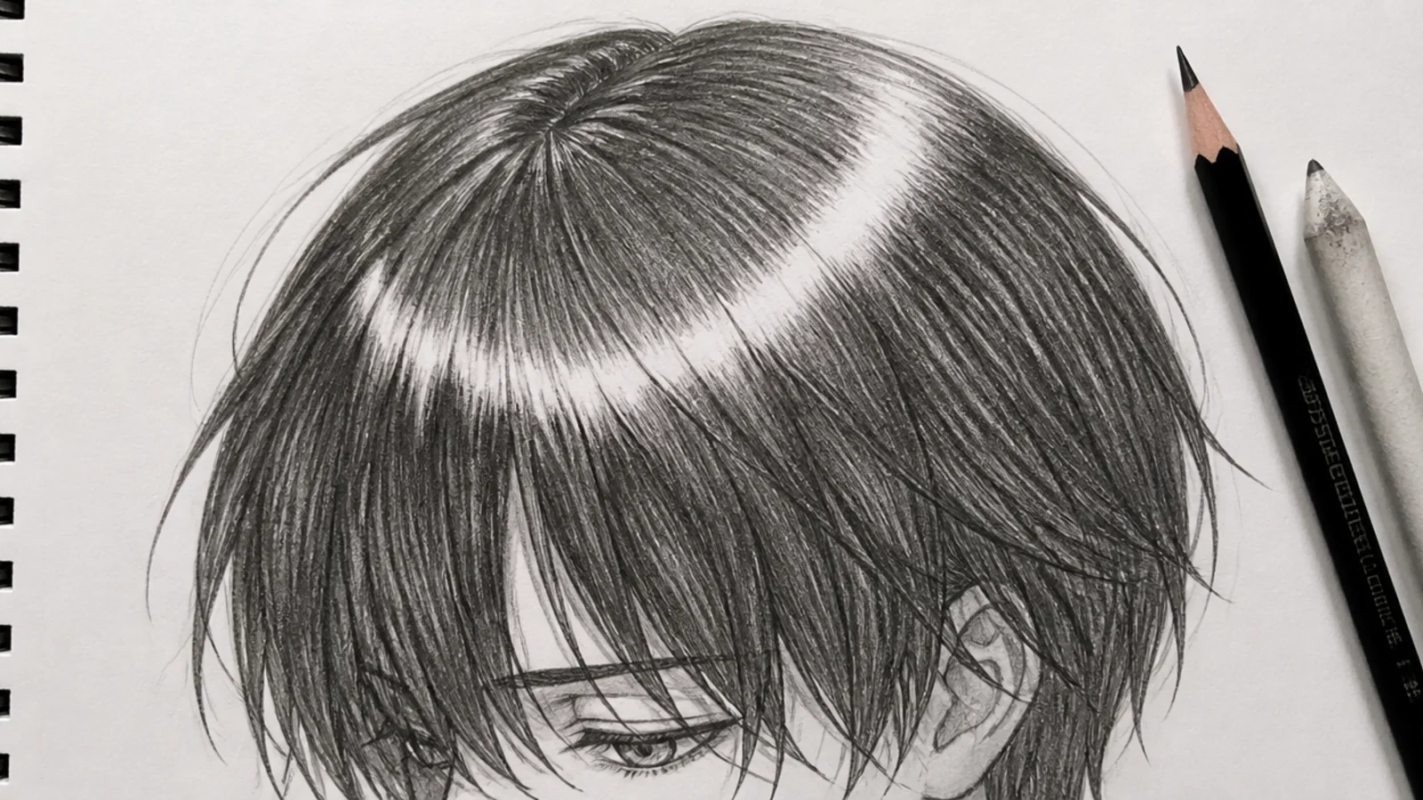 Pencil anime hair sketch of black hair with a curved white highlight band across the crown