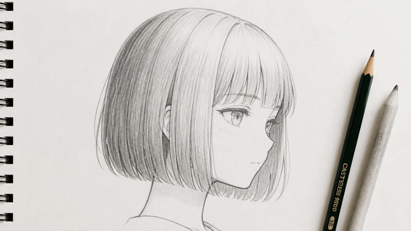 Anime hair sketch of a chin-length blunt bob with straight bangs and a clean hem line