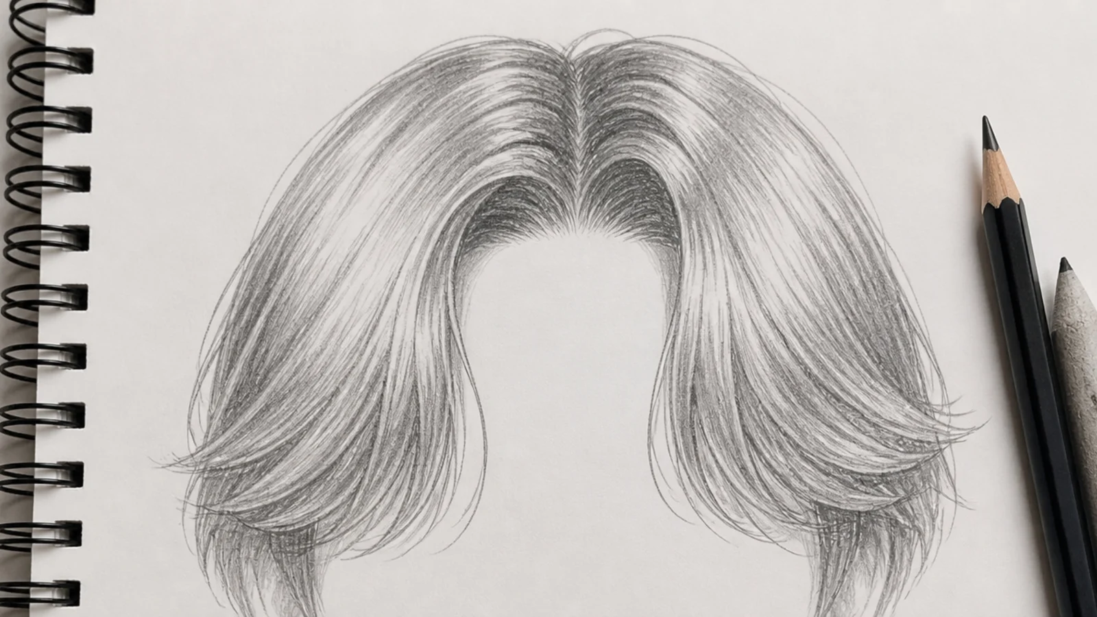 Pencil anime hair sketch of curtain bangs parted at the center sweeping away from the forehead