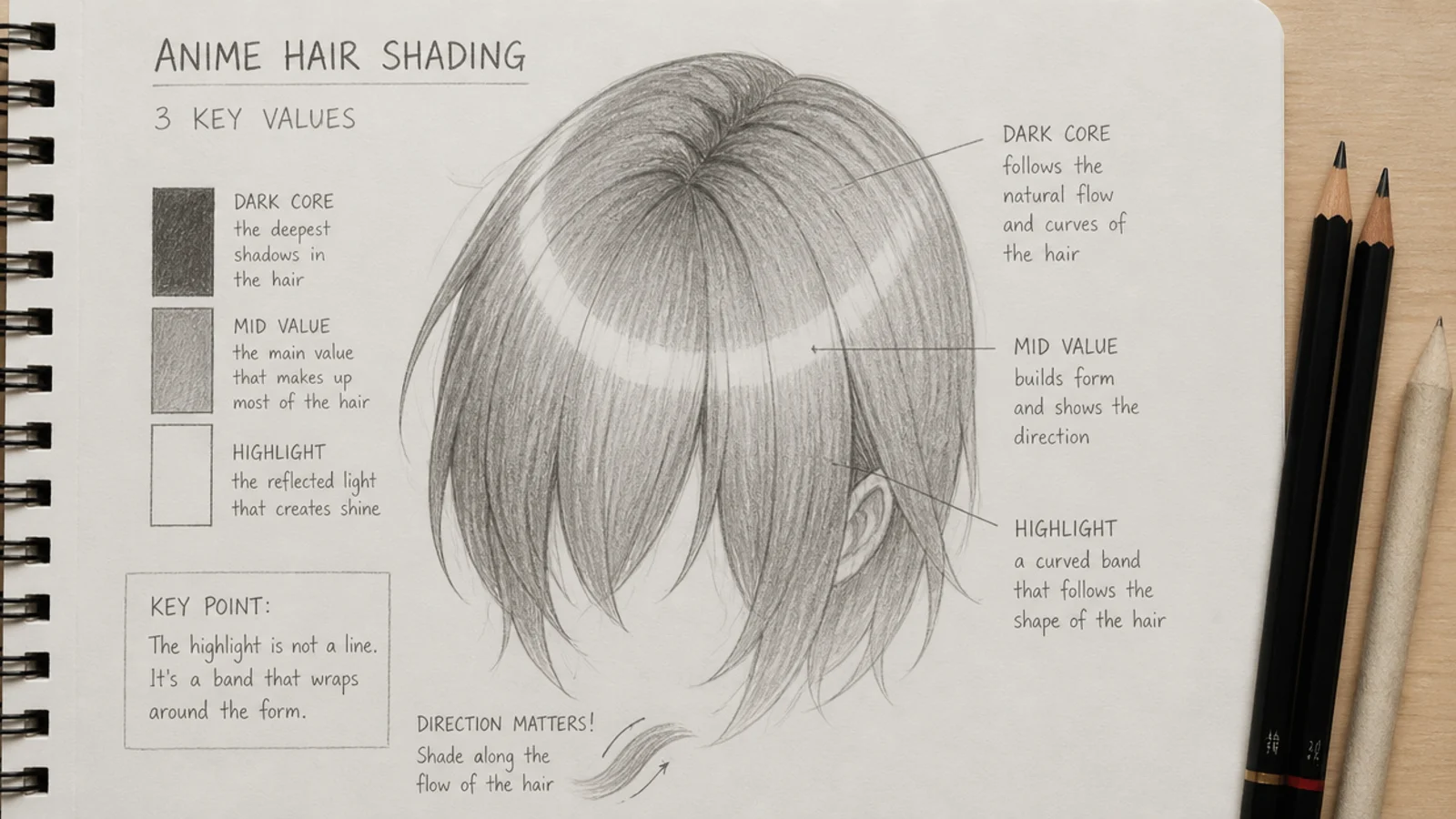 Pencil study of anime hair shading showing a dark core, a mid value and a curved white highlight band